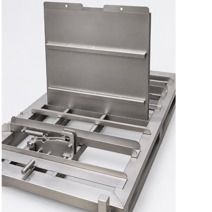 Stainless steel tote bin transfer pallet frame and locking mechanism, close view