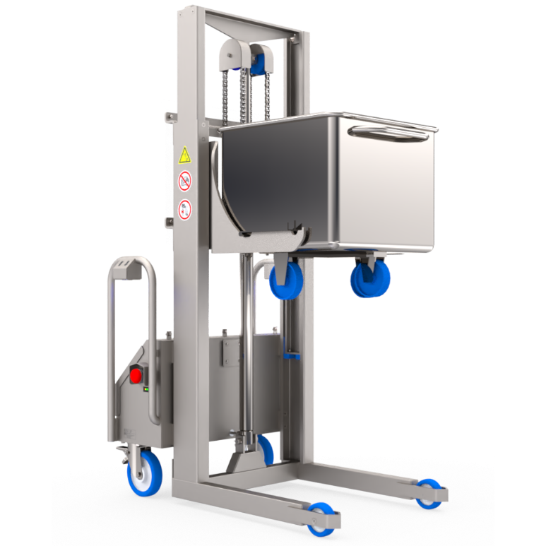 Backsaver SNT tote bin lifter holding a raised stainless steel tote bin on blue castors