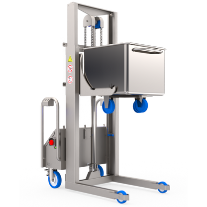 Backsaver SNT tote bin lifter holding a raised stainless steel tote bin on blue castors