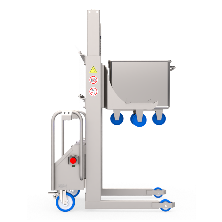 Side view of the Backsaver SNT tote bin lifter with a stainless steel tote bin raised on its mast