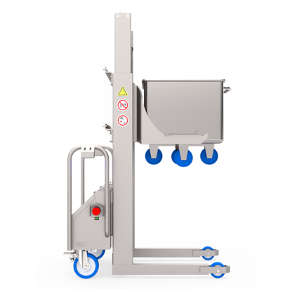Side view of the Backsaver SNT tote bin lifter with a stainless steel tote bin raised on its mast