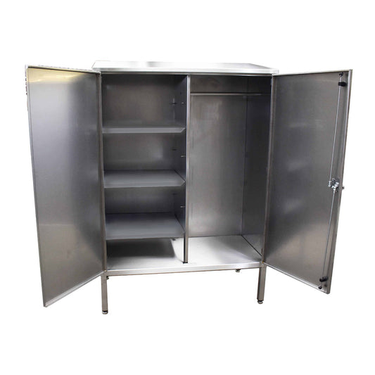 Stainless steel cupboard with garment rail and shelves