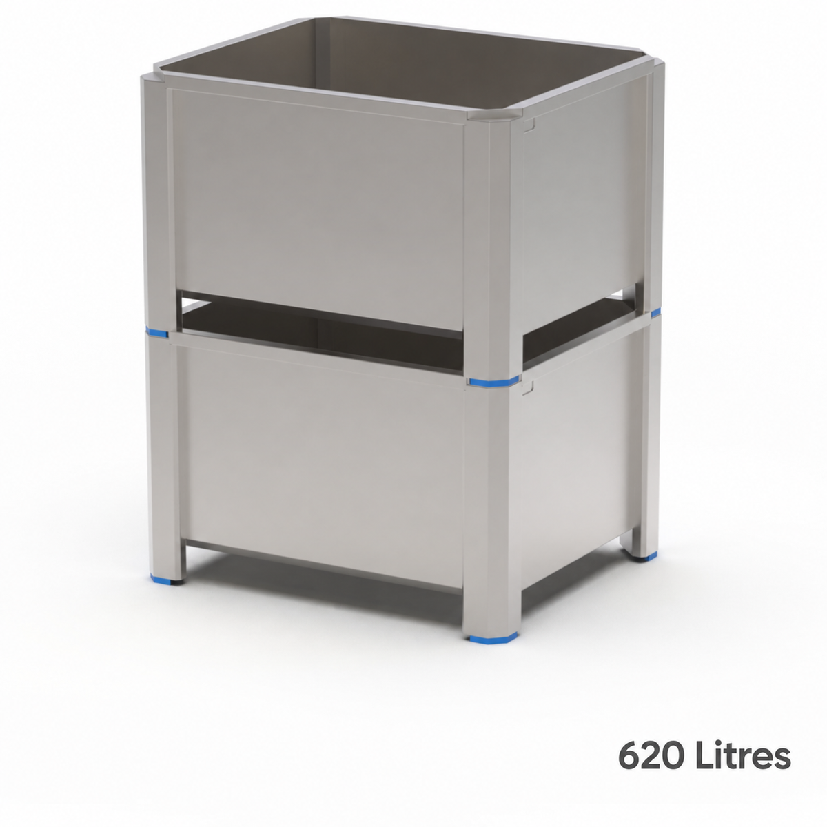 620 litre stainless steel stackable container on a raised frame with blue polymer feet