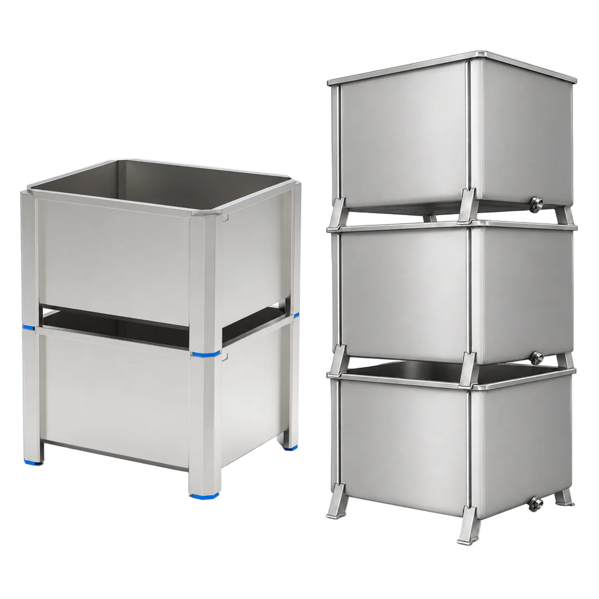 620L stainless steel stackable container on raised frame with blue polymer feet beside a stack of three 450L stainless steel containers