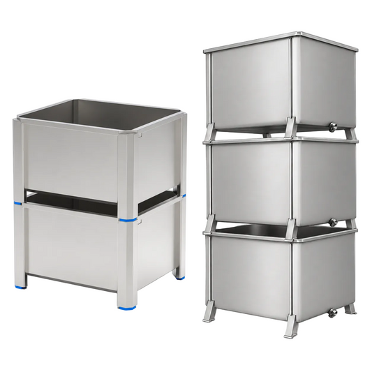 620L stainless steel stackable container on raised frame with blue polymer feet beside a stack of three 450L stainless steel containers