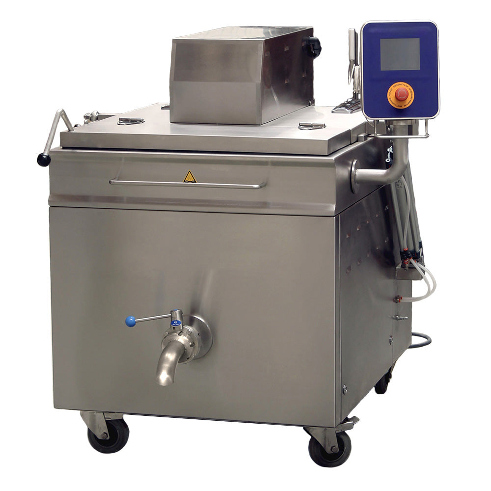 Mobile electric commercial boiling pan with indirect heat and pneumatic stirrer, 400L