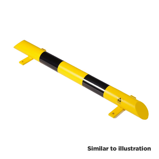 Mild steel black and yellow low level capped end protection barrier, bolt down