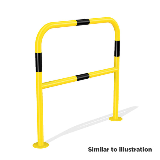 Mild steel black and yellow protection barrier, bolt down with horizontal rail