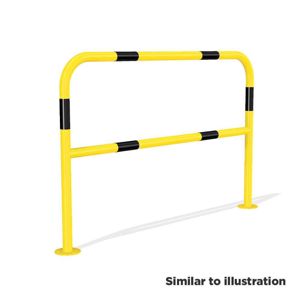 Mild steel black and yellow protection barrier, bolt down with horizontal rail