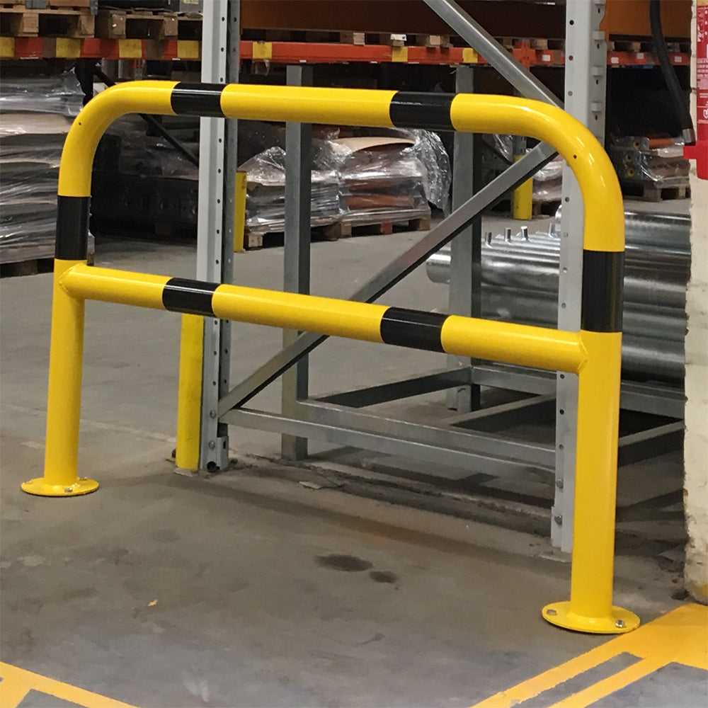 Mild steel black and yellow protection barrier, bolt down with horizontal rail