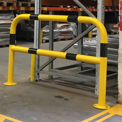 Mild steel black and yellow protection barrier, bolt down with horizontal rail