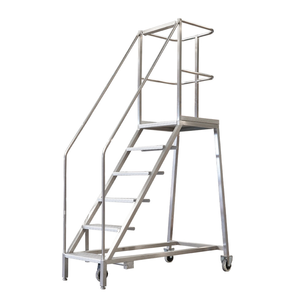 Stainless steel safety steps, 5 steps with guardrail on the platform