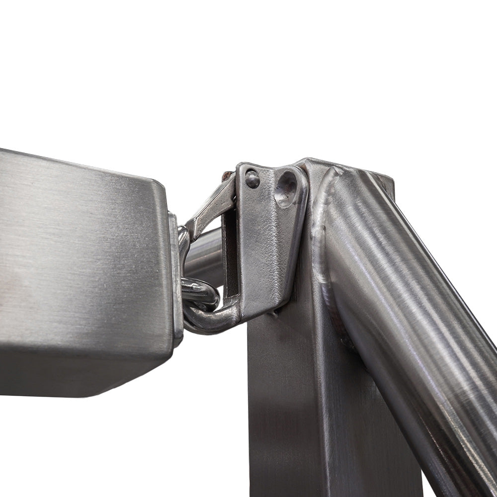 Close-up of a stainless steel locking handle