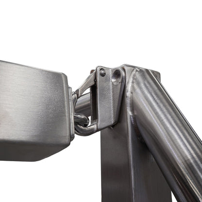 Close-up of a stainless steel locking handle
