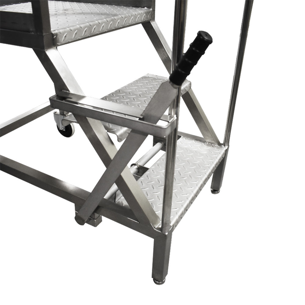 Close up of stainless steel lever on safety steps