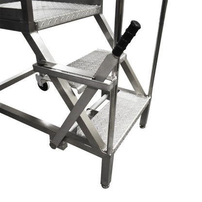 Close up of stainless steel lever on safety steps