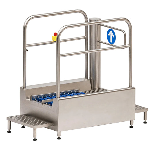 Motorised walk-through sole washer with swing gate, side view