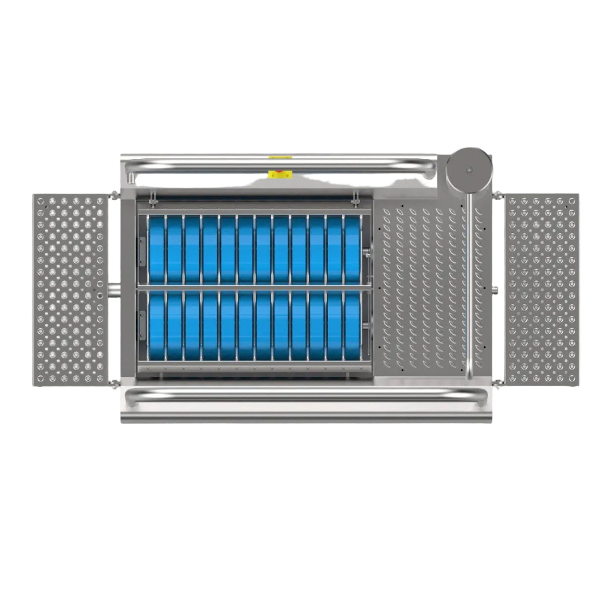 Motorised walk-through sole washer with swing gate, overhead view showing walk-through gate