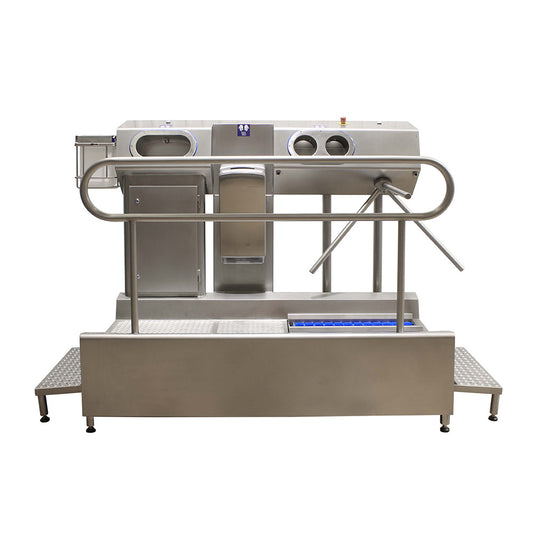 Hygiene station with hand soap washer, dryer and sanitisation & a sole washer with a TFT touch panel