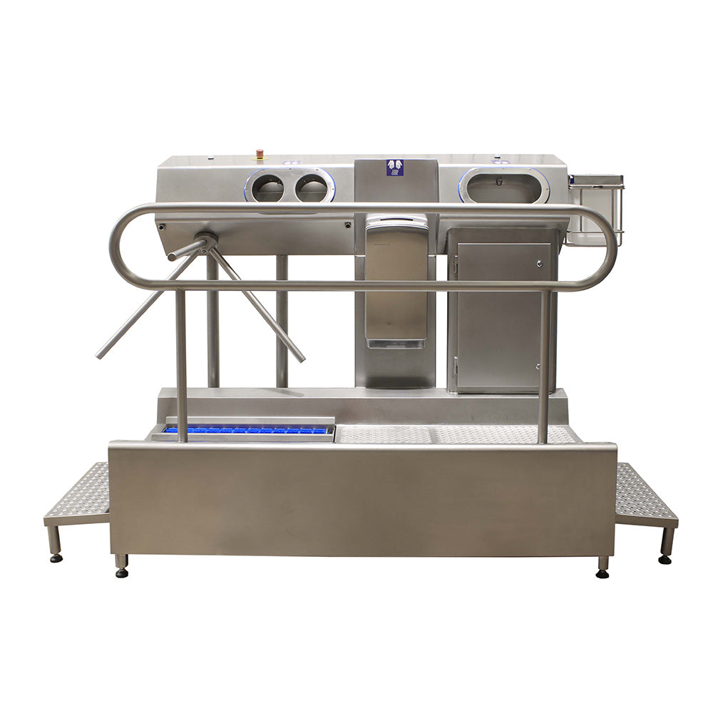 Hygiene station with hand soap washer, dryer and sanitisation & a sole washer with a TFT touch panel