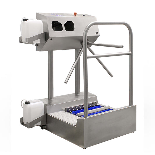Hygiene station with sole washer and hand sanitisation