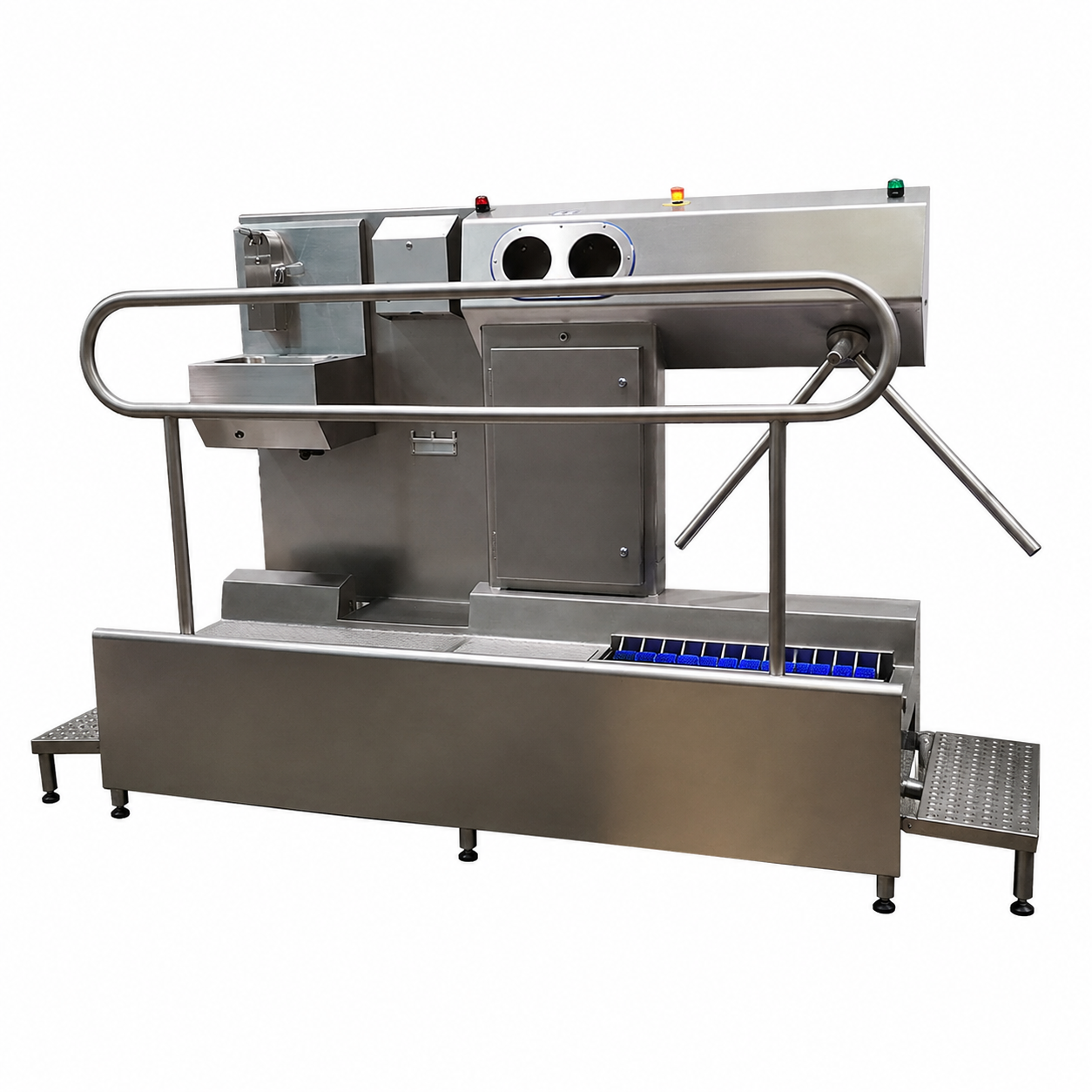 Hygiene station with hand soap, basin, paper towel and sanitisation & a sole washer with a TFT touch panel
