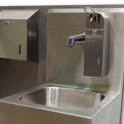Hygiene station with hand soap, basin, paper towel and sanitisation & a sole washer with a TFT touch panel