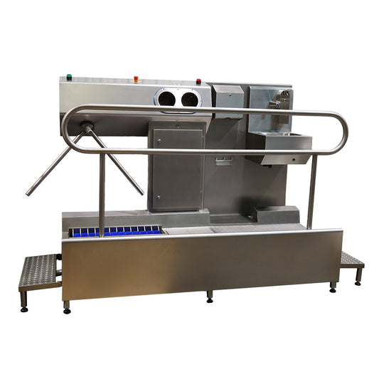 Hygiene station with hand soap, basin, paper towel and sanitisation & a sole washer with a TFT touch panel