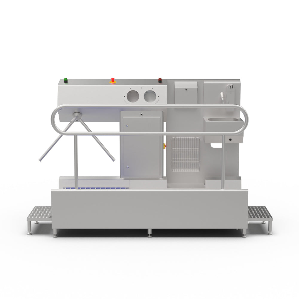 Hygiene station with hand soap, basin, paper towel and sanitisation & a sole washer with a TFT touch panel