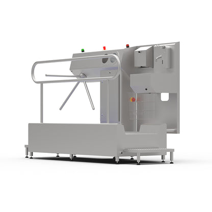 Hygiene station with hand soap, basin, paper towel and sanitisation & a sole washer with a TFT touch panel
