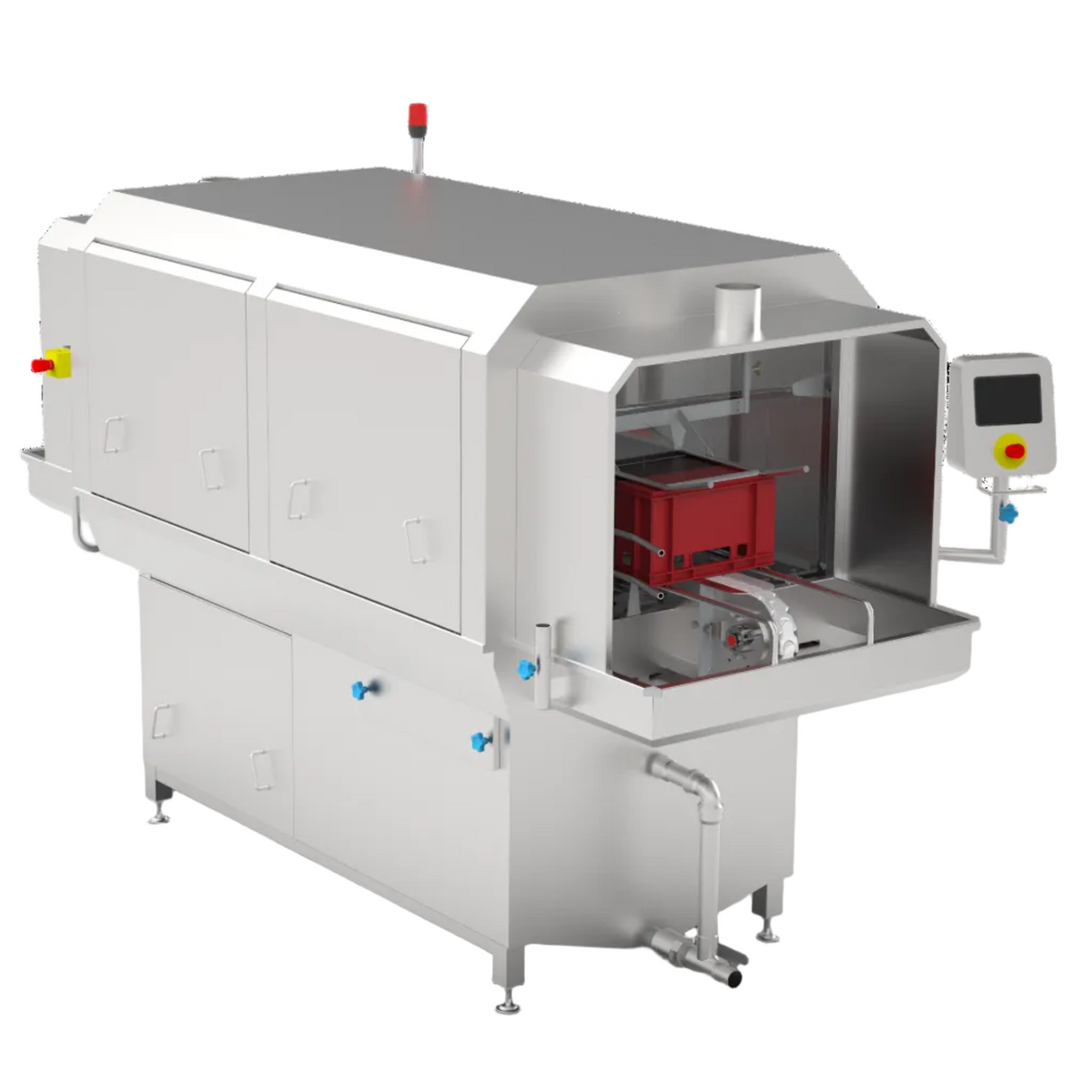E2 crate tunnel washer in stainless steel with a red crate at the loading end and control panel on the right