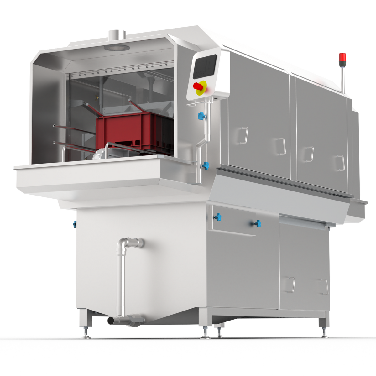 E2 crate tunnel washer with a red crate loaded, on a white background