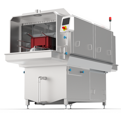 E2 crate tunnel washer with a red crate loaded, on a white background