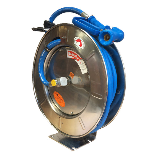 Stainless steel spring rewind hose reel