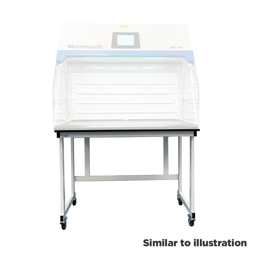 White stand for Monmouth cabinets with black feet with a grayed out cabinet on top. Text in bottom right hand corner says 'similar to illustration'