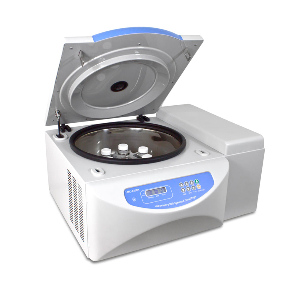 Laboratory centrifuge with open lid with bottles inside