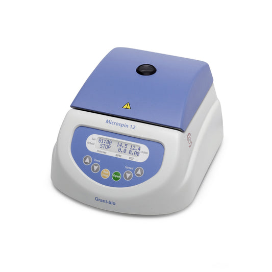 Laboratory centrifuge with blue top and digital display on a white background