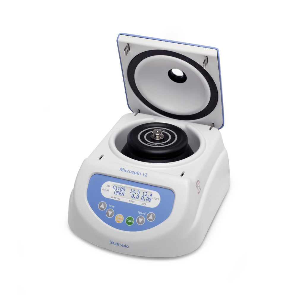 Small centrifuge with open lid on a white background