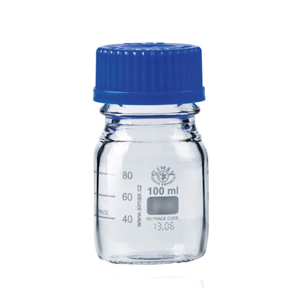 GL45 Glass Reagent and Media Bottles with Blue Screw Caps, Pack of Ten