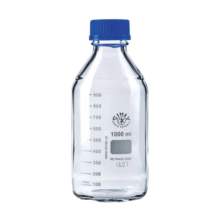 GL45 Glass Reagent and Media Bottles with Blue Screw Caps, Pack of Ten