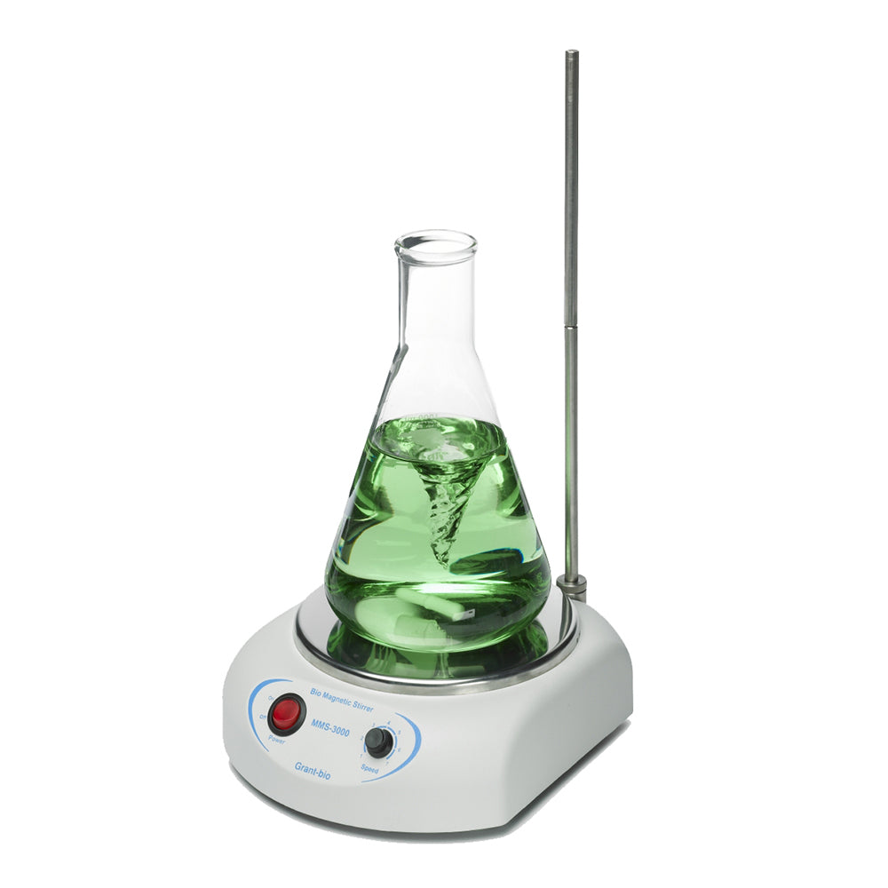 Lab beaker with green liquid on a magnetic stirrer