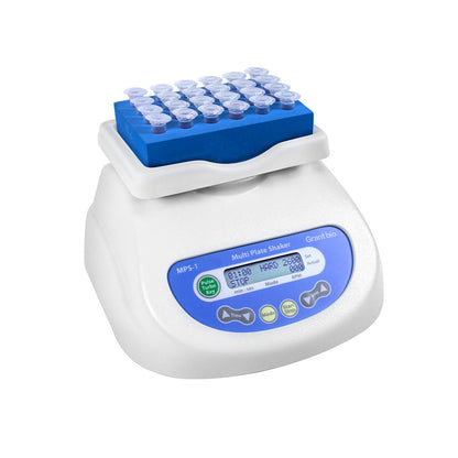 Multi-plate shaker with blue top holding test tubes