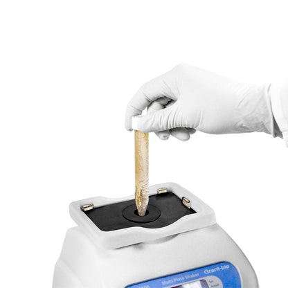 Person using a Grant Shaker with a gloved hand holding a sample tube