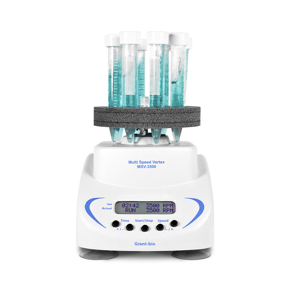 Grant-bio multi-speed vortex mixer with sample tubes holding blue liquid on top