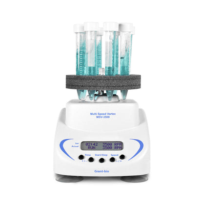Grant-bio multi-speed vortex mixer with sample tubes holding blue liquid on top