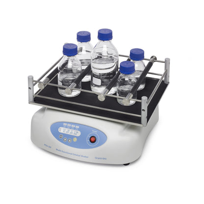 Laboratory shaker with bottles on a white background