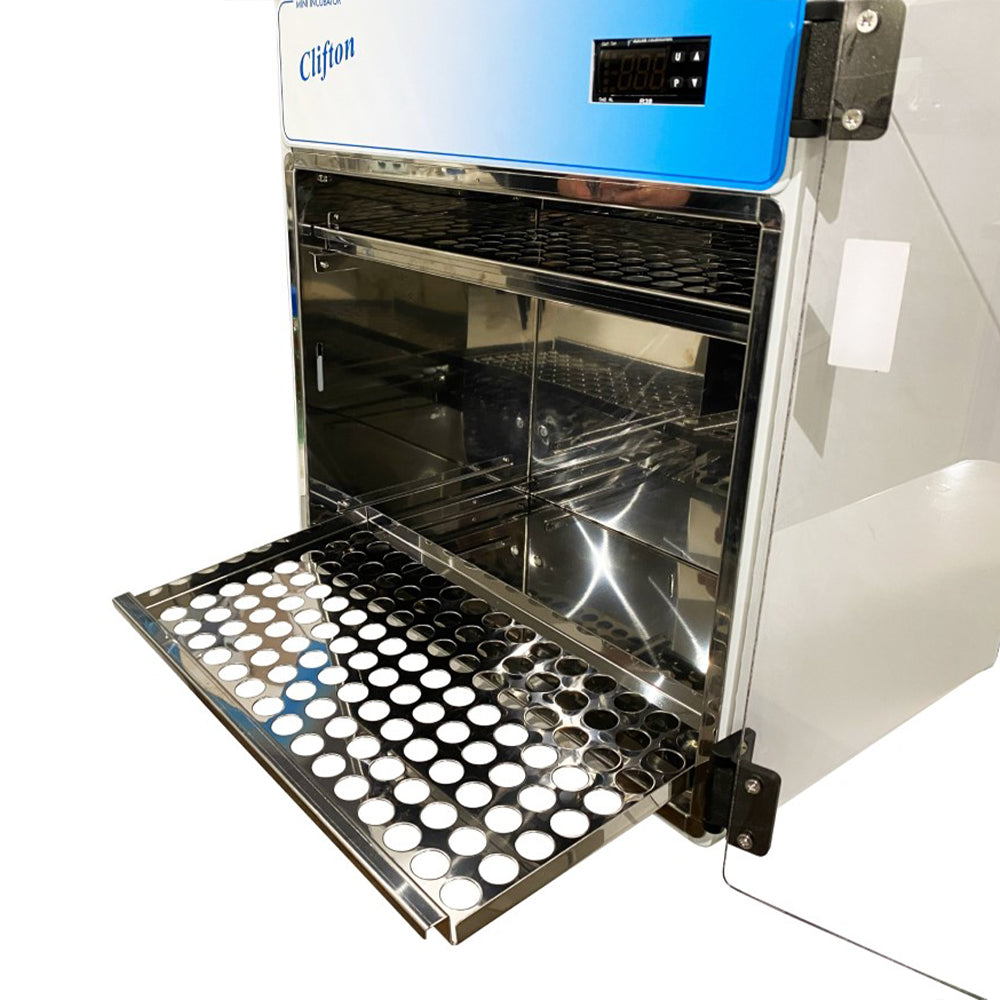 Incubator with open door showing interior racks on a white background