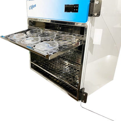 Incubator with open door showing interior rack with petri dishes on a white background