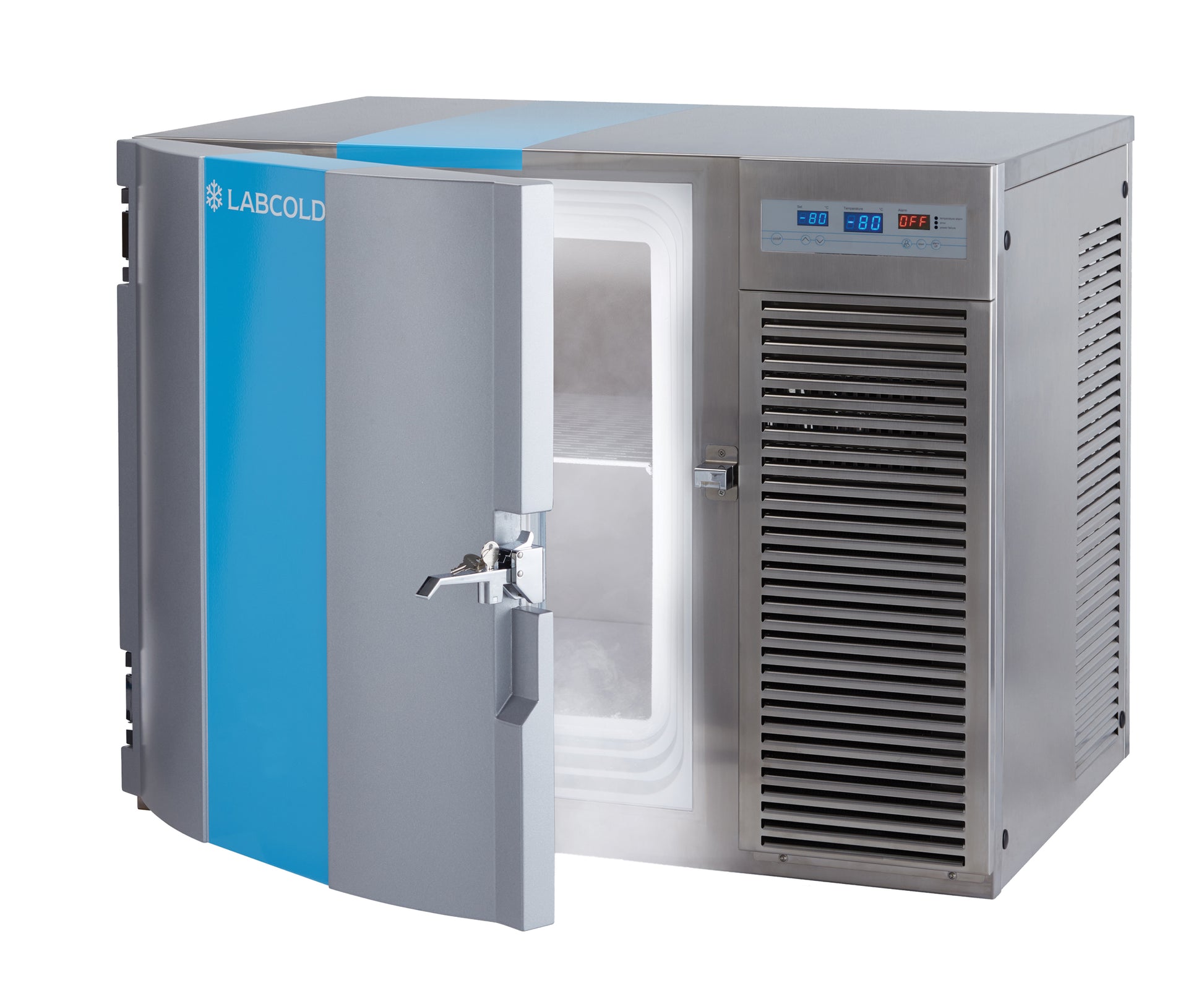 Labcold LULT80100 undercounter -80°C freezer with door open, showing digital temperature display and key lock