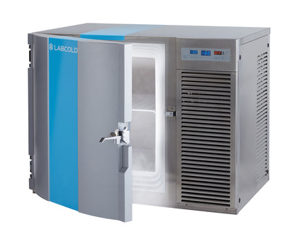 Labcold LULT80100 undercounter -80°C freezer with door open, showing digital temperature display and key lock